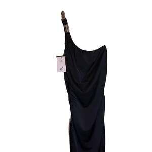 K1 Black One-Shoulder Ruched Maxi Dress with Silver Hardware Detail
